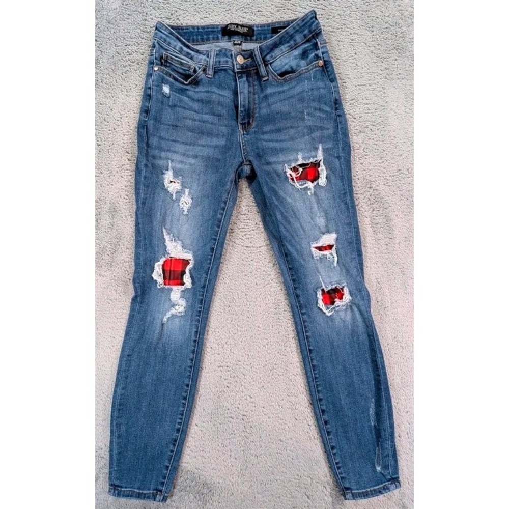 Judy Blue Buffalo Plaid Patch Distressed Skinny Jeans Size 3/26 Mid Rise JB88316